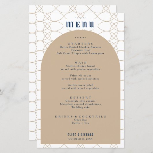 Menu Royal Blue Classic Retro Wedding (Voorkant / Achterkant)