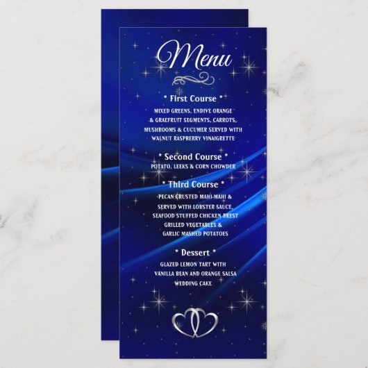 Menu Royal Blue Diamonds en Hearts Wedding Menu (Voorkant / Achterkant)