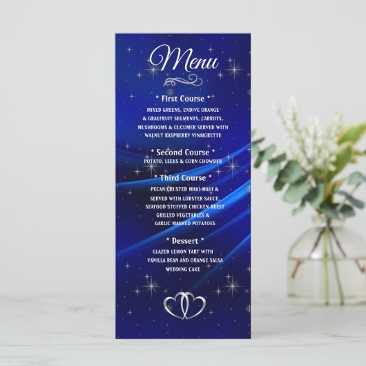 Menu Royal Blue Diamonds en Hearts Wedding Menu (Staand voorkant)