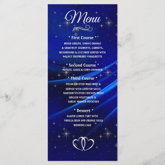 Menu Royal Blue Diamonds en Hearts Wedding Menu (Voorkant)