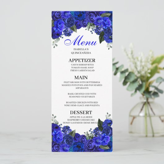 Menu Royal Blue Floral Quinceanera Kaart (Staand voorkant)