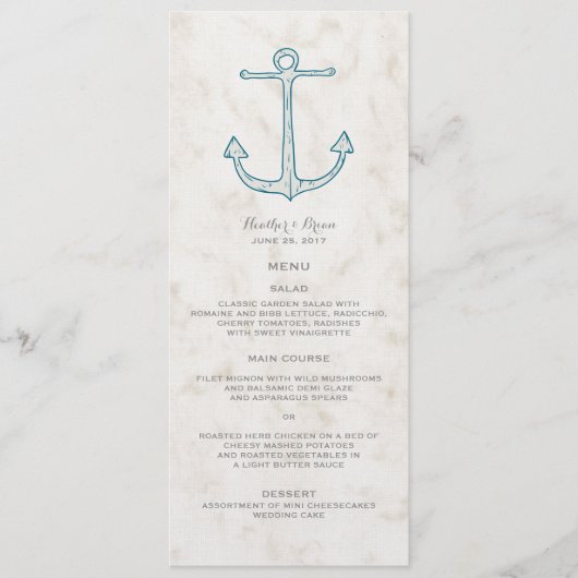 Menu Royal Blue Rustic Anchor Wedding (Voorkant)