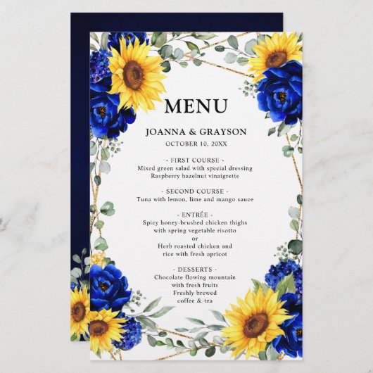 Menu Royal Blue Sunflower Geometric Wedding (Voorkant / Achterkant)