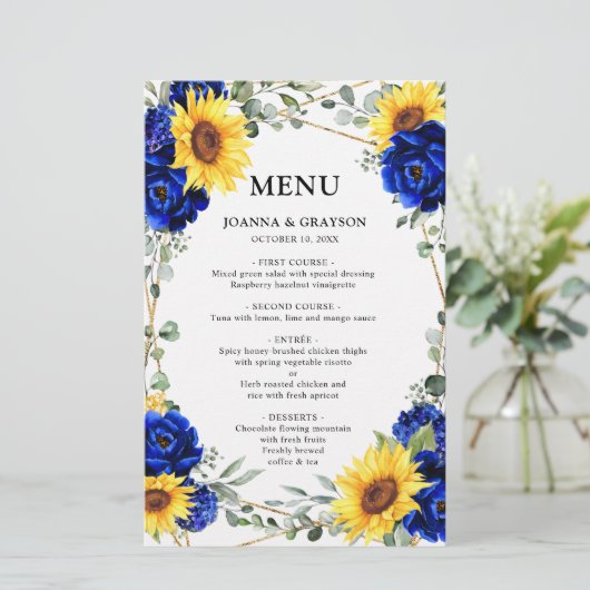 Menu Royal Blue Sunflower Geometric Wedding (Staand voorkant)