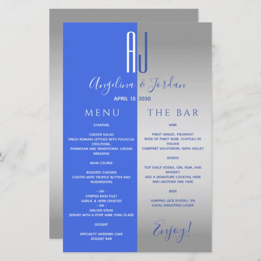 Menu Royal Blue Wedding Bar (Voorkant / Achterkant)