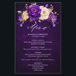 Menu Royal Paars Violet Gold Botanical Weddenschap<br><div class="desc">Elegant royal paars gold thema bruiloft menu met elegante bouquet van koninklijk paars,  Indigo,  goud,  gele kleur roos bloemen knoppen en eucalyptusbladeren. Neem contact met mij op voor hulp bij aanpassingen of als u een ander product nodig hebt met dit ontwerp.</div>