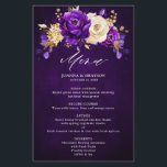 Menu Royal Paars Violet Gold Botanical Weddenschap<br><div class="desc">Elegant royal paars gold thema bruiloft menu met elegante bouquet van koninklijk paars,  Indigo,  goud,  gele kleur roos bloemen knoppen en eucalyptusbladeren. Neem contact met mij op voor hulp bij aanpassingen of als u een ander product nodig hebt met dit ontwerp.</div>