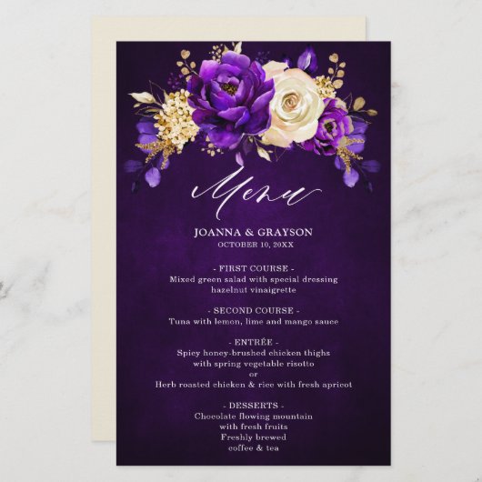 Menu Royal Paars Violet Gold Botanical Weddenschap (Voorkant / Achterkant)