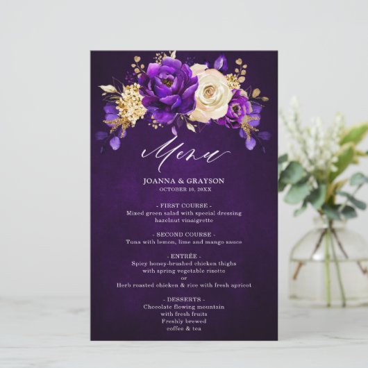 Menu Royal Paars Violet Gold Botanical Weddenschap (Staand voorkant)
