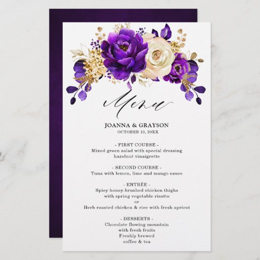 Menu Royal Paars Violet Gold Botanical Weddenschap (Voorkant / Achterkant)