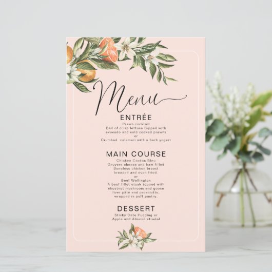 Menu Roze clementine Little Cutie Baby shower (Staand voorkant)