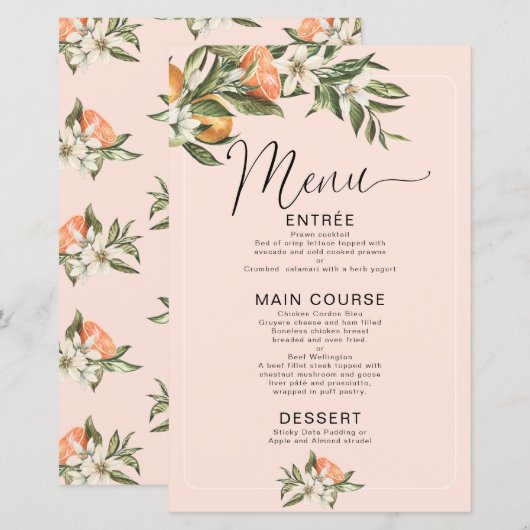 Menu Roze clementine Little Cutie Baby shower (Voorkant / Achterkant)