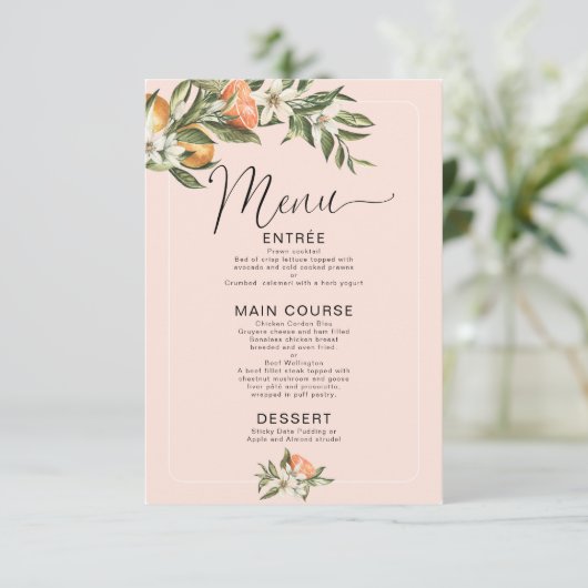 Menu Roze clementine Little Cutie Baby shower Kaart (Staand voorkant)