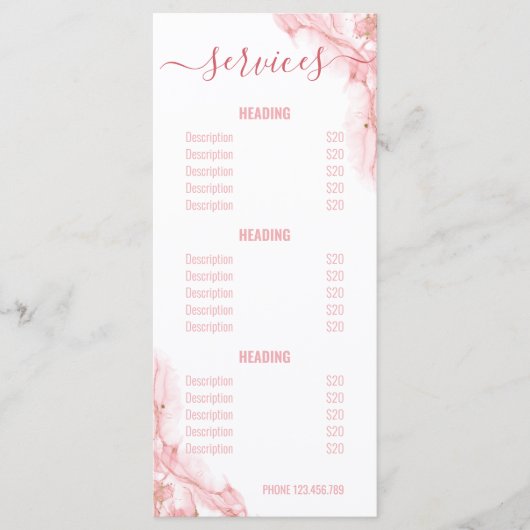 Menu Roze en Gold Liquid Waterverf Salon Service (Voorkant)