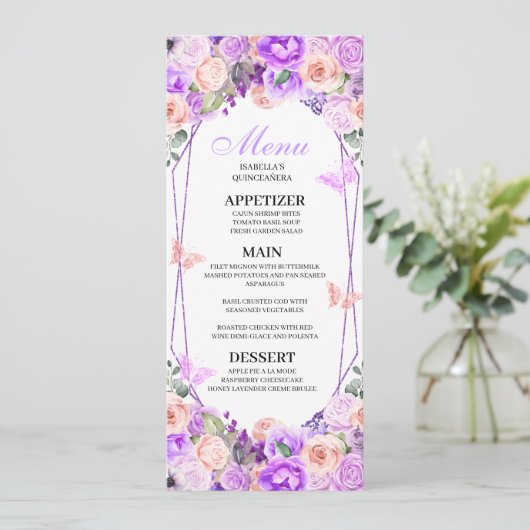 Menu Roze en Paarse Floral Quinceanera Kaart (Staand voorkant)