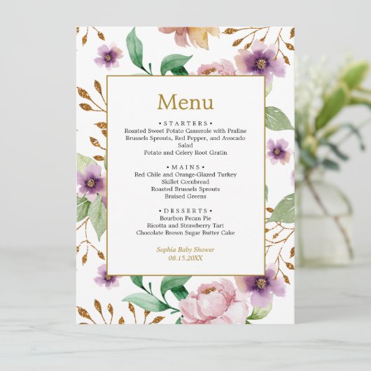 Menu Roze en Paarse Rozen bloemen Baby shower (Staand voorkant)
