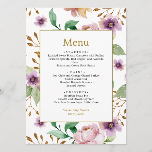 Menu Roze en Paarse Rozen bloemen Baby shower (Voorkant)