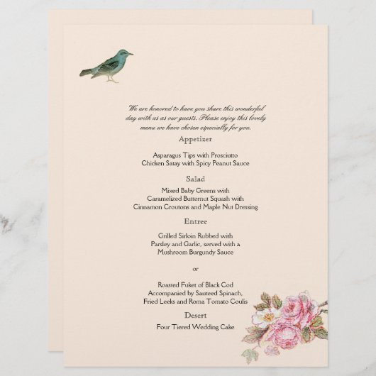 Menu roze en Robin Wedding (Voorkant / Achterkant)