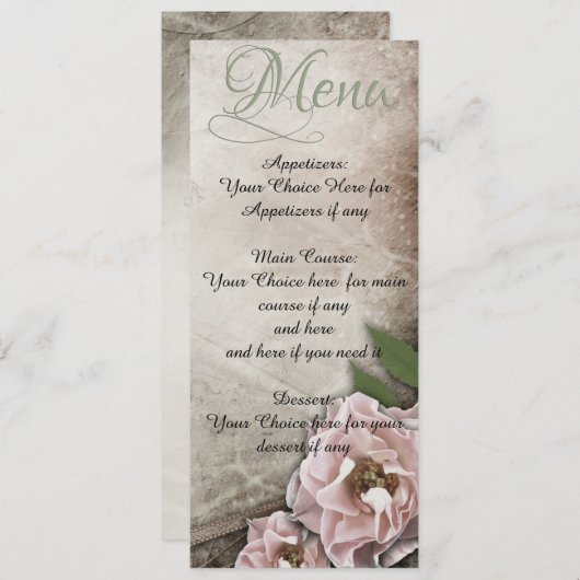 Menu  roze rozen bruiloft kaart (Voorkant / Achterkant)