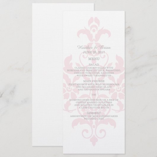 Menu Roze subtle Damask Wedding (Voorkant / Achterkant)