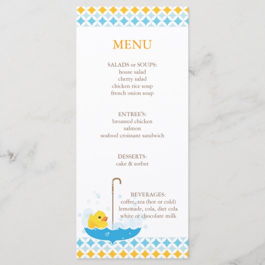 Menu Rubber Ducky Baby shower (Voorkant)