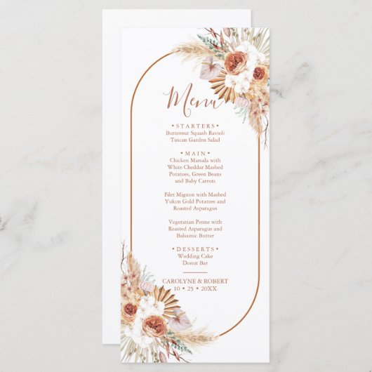 Menu Rust Boho en Pampas Grass Wedding Dinner (Voorkant / Achterkant)
