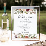 Menu Rustic Bloom Wedding Bar Poster<br><div class="desc">Nodig gasten uit om een favoriete libatie te pakken met ons charmante trouwbalbord. Het 11x14 barteken kenmerkt een "bar is open"in het schrijven van het kalligrafische manuscript. Pas het menu van uw bar of handtekeningscocktails met zes gebieden van de douanetekst aan, en voeg uw initialen en trouwdatum langs de bodem...</div>