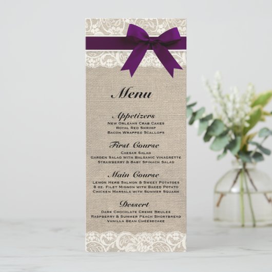 Menu Rustic Burlap & Lace Plum Wedding (Staand voorkant)