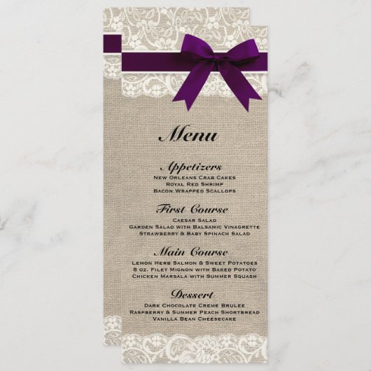 Menu Rustic Burlap & Lace Plum Wedding (Voorkant / Achterkant)