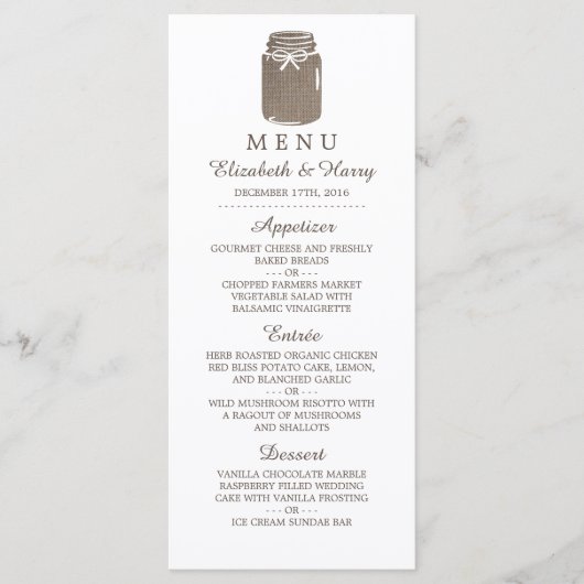 Menu Rustic Burlap Mason Jar Wedding (Voorkant)