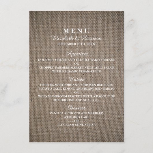 Menu Rustic Burlap Wedding (Voorkant)