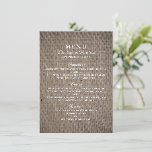 Menu Rustic Burlap Wedding (Staand voorkant)