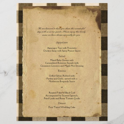 Menu Rustic Country Black Sepia Checks Wedding (Voorkant)