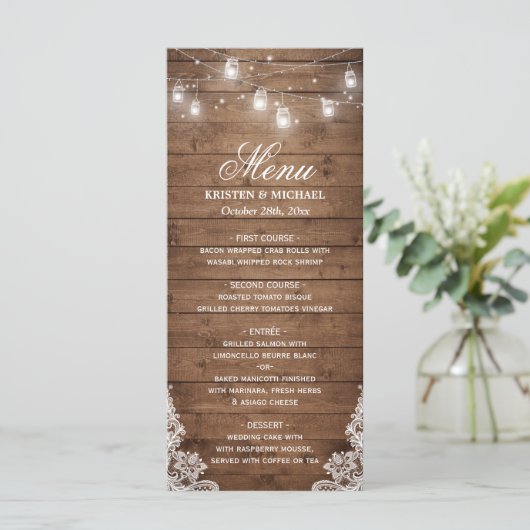 Menu Rustic Country Wedding | Hout van String Ligh (Staand voorkant)