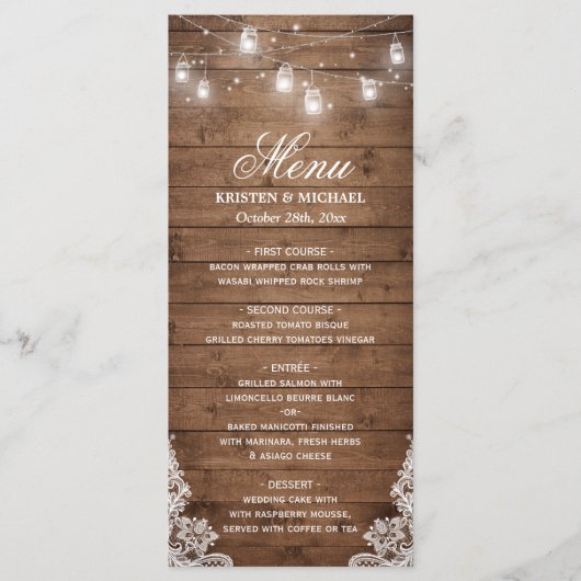 Menu Rustic Country Wedding | Hout van String Ligh (Voorkant)