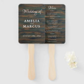 Menu Rustic Dark Wood Script Weddenschap Handwaaier (Voorkant en achterkant)