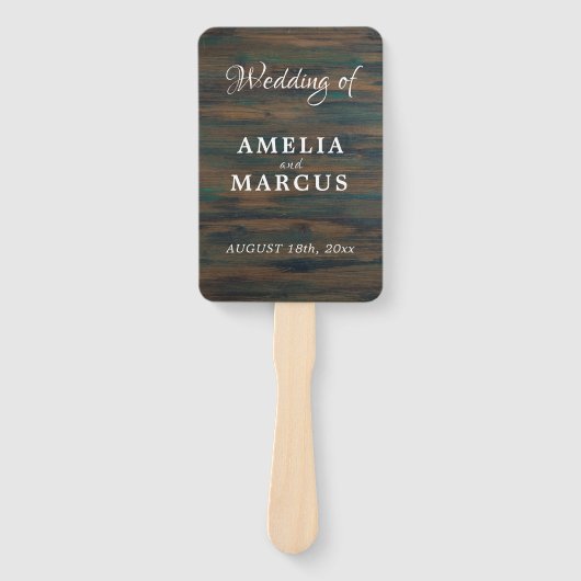 Menu Rustic Dark Wood Script Weddenschap Handwaaier (Voorkant)