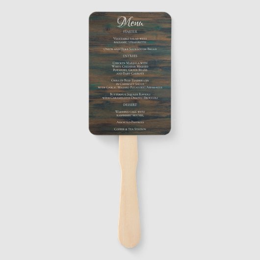 Menu Rustic Dark Wood Script Weddenschap Handwaaier (Achterkant)