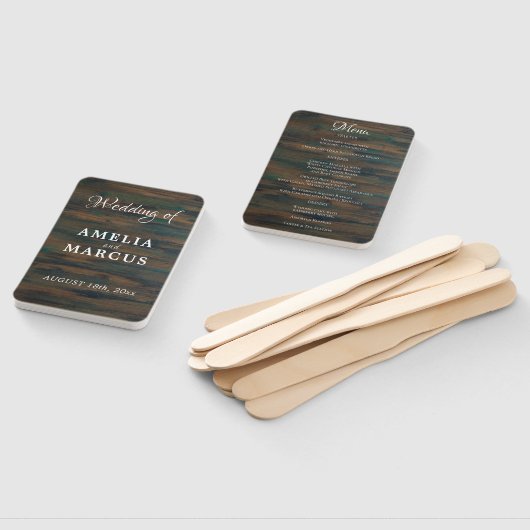 Menu Rustic Dark Wood Script Weddenschap Handwaaier (Niet-gemonteerd)