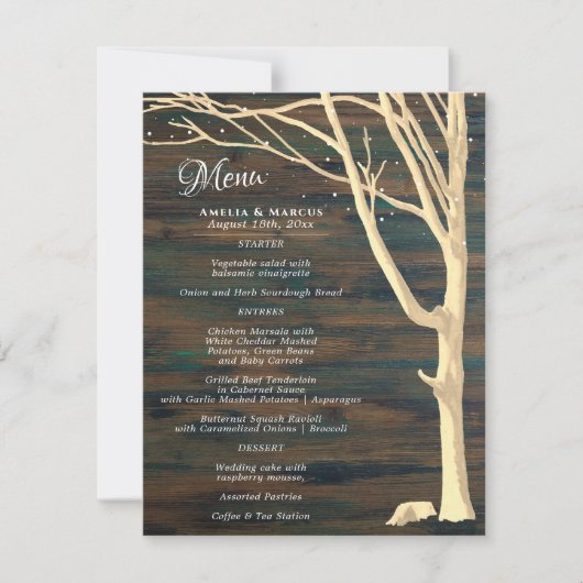 Menu Rustic Dark Wood Winter Tree Weddenschap (Voorkant)