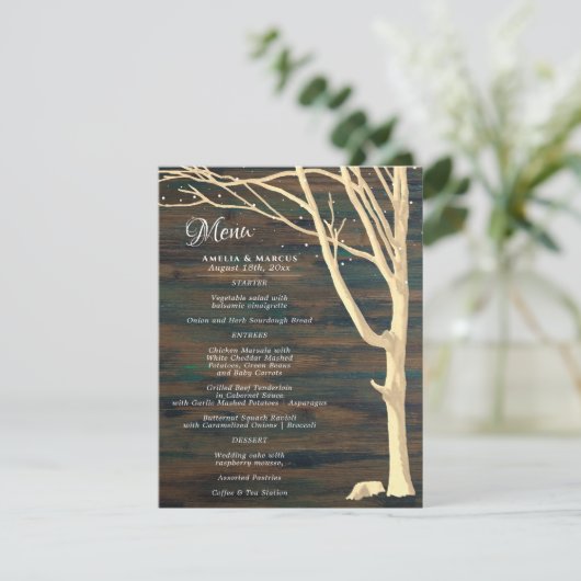 Menu Rustic Dark Wood Winter Tree Weddenschap (Staand voorkant)