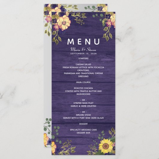 Menu Rustic Floral Paars Wedding (Voorkant / Achterkant)