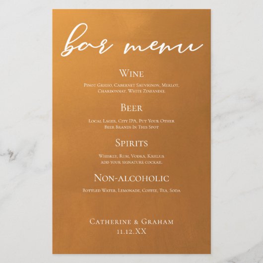 Menu Rustic Gold Earth Tone Fall Wedding Bar (Voorkant)
