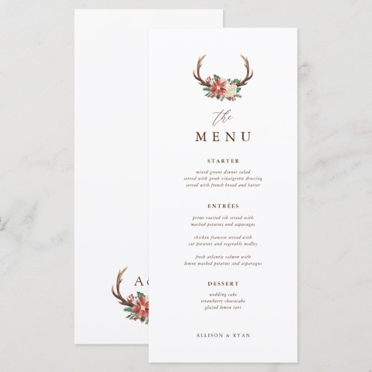 Menu Rustic Holiday Dinner Winter Wedding Table (Voorkant / Achterkant)