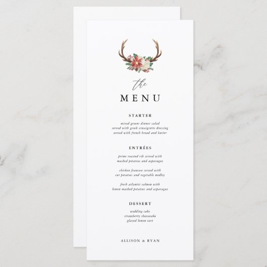 Menu Rustic Holiday Dinner Winter Wedding Table (Voorkant / Achterkant)