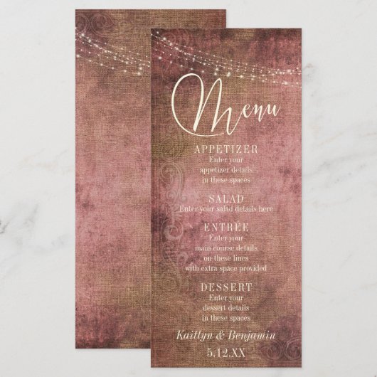  menu Rustic Pink/Burlap & Lights Wedding (Voorkant / Achterkant)