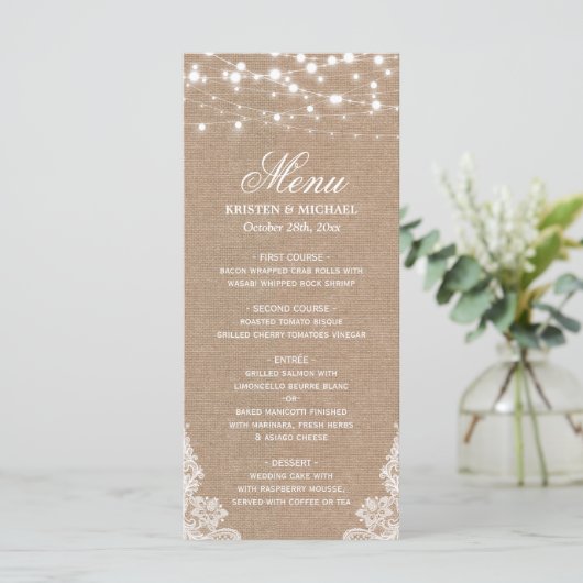 Menu Rustic Shabby Wedding | String Lights Lace (Staand voorkant)