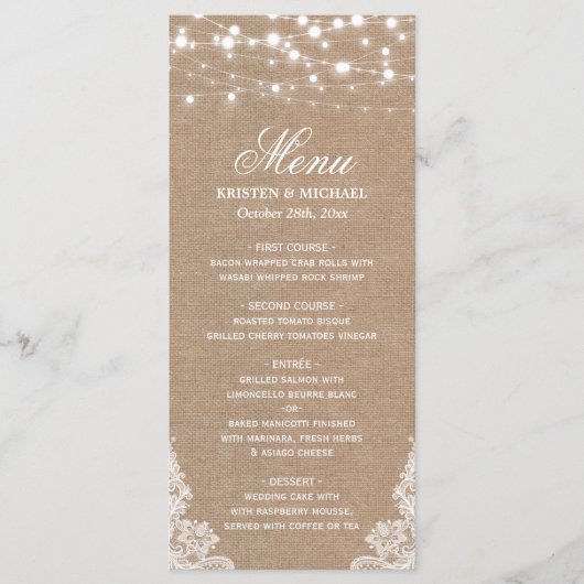 Menu Rustic Shabby Wedding | String Lights Lace (Voorkant)
