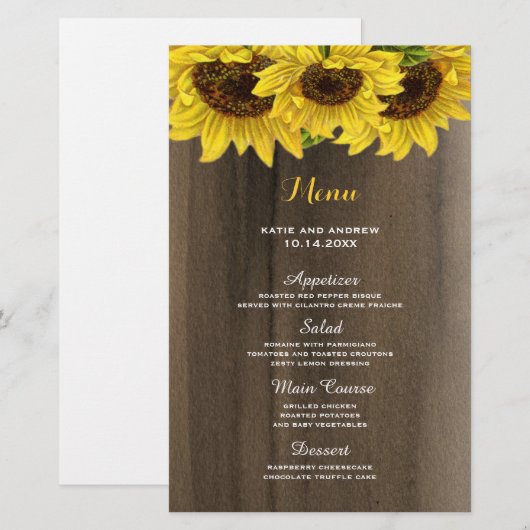 Menu Rustic Sunflower Wedding (Voorkant / Achterkant)