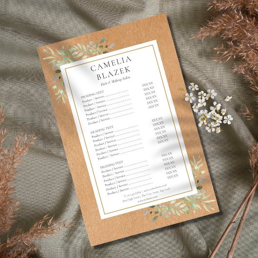 Menu Rustic Waterverf Greenery Salon Service